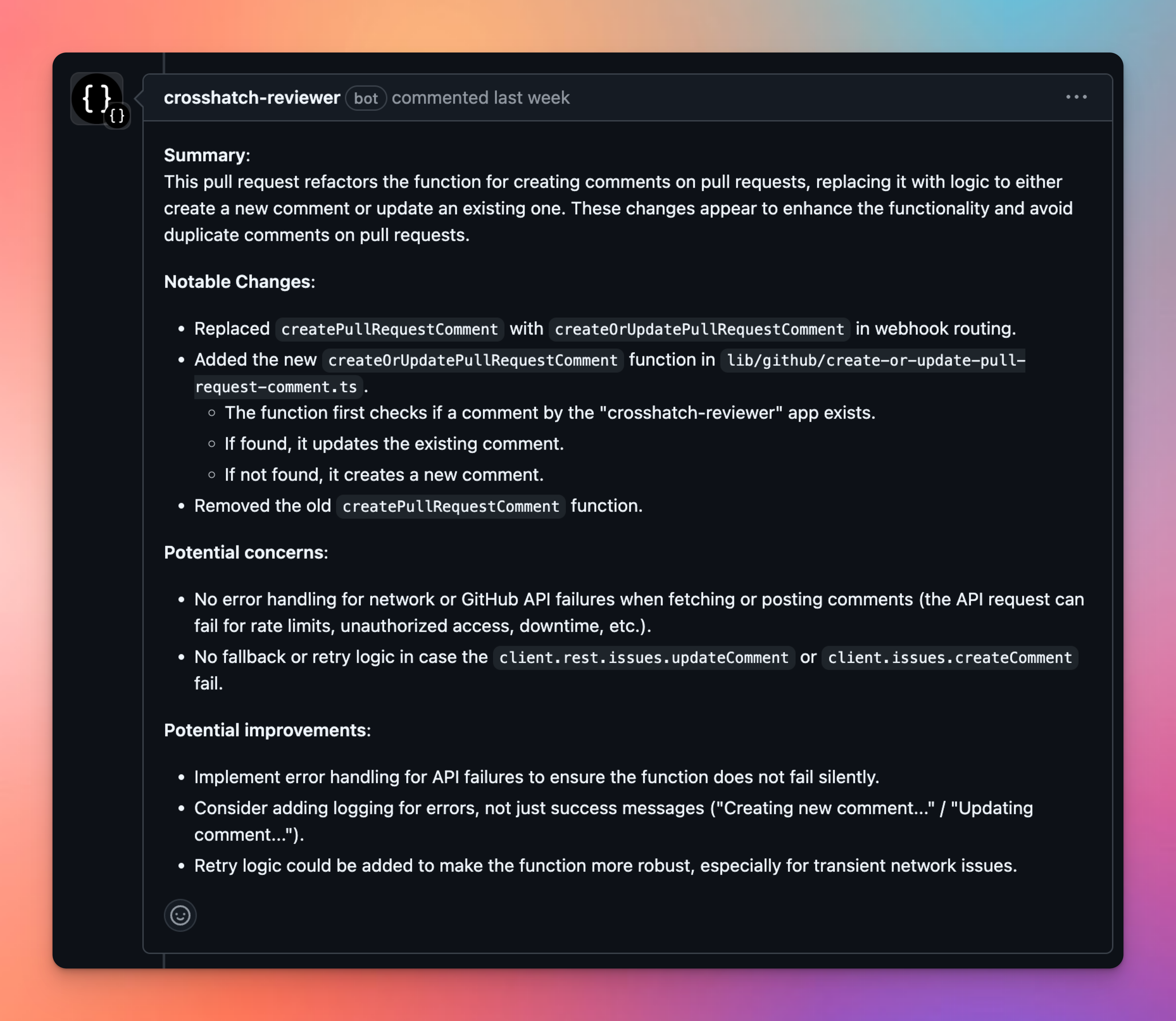 An example comment authored by Crosshatch Reviewer, containing useful information changes and potential concerns/improvements.